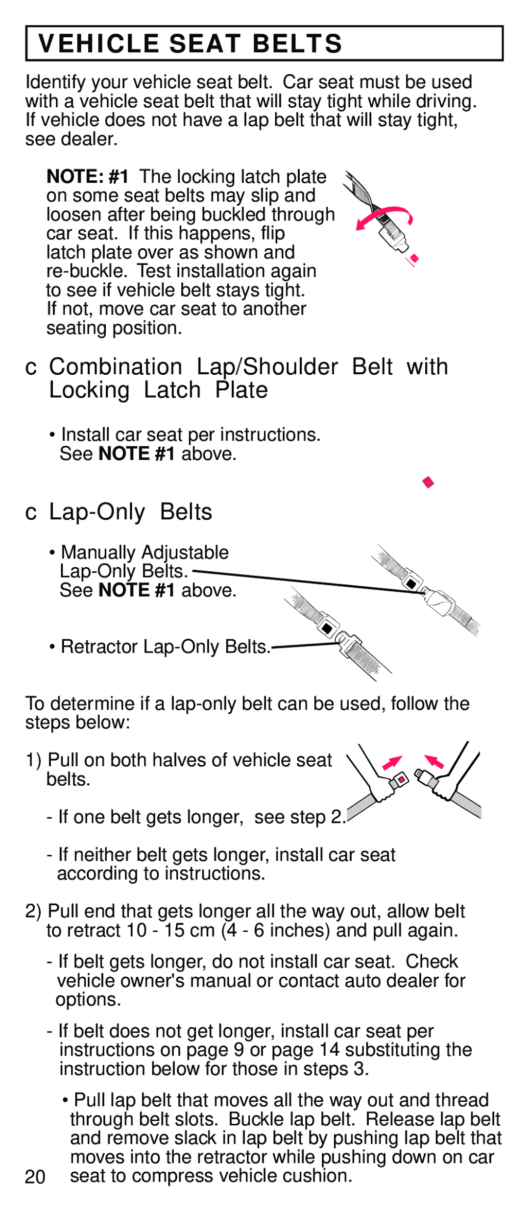 Century STE instruction manual Vehicle Seat Belts, Combination Lap/Shoulder Belt with Locking Latch Plate, Lap-Only Belts 