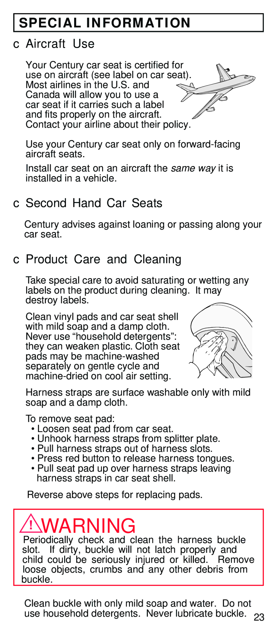 Century STE instruction manual Special Information, Aircraft Use, Second Hand Car Seats, Product Care and Cleaning 