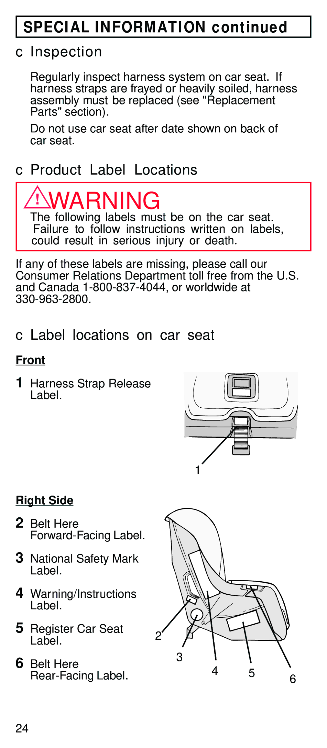 Century STE instruction manual Special Information, Inspection, Product Label Locations, Label locations on car seat 