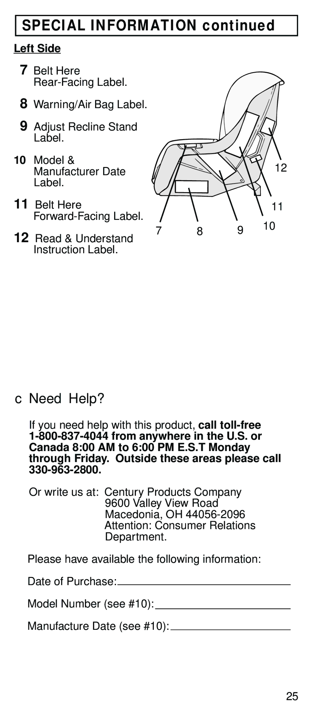 Century STE instruction manual Need Help?, Left Side 