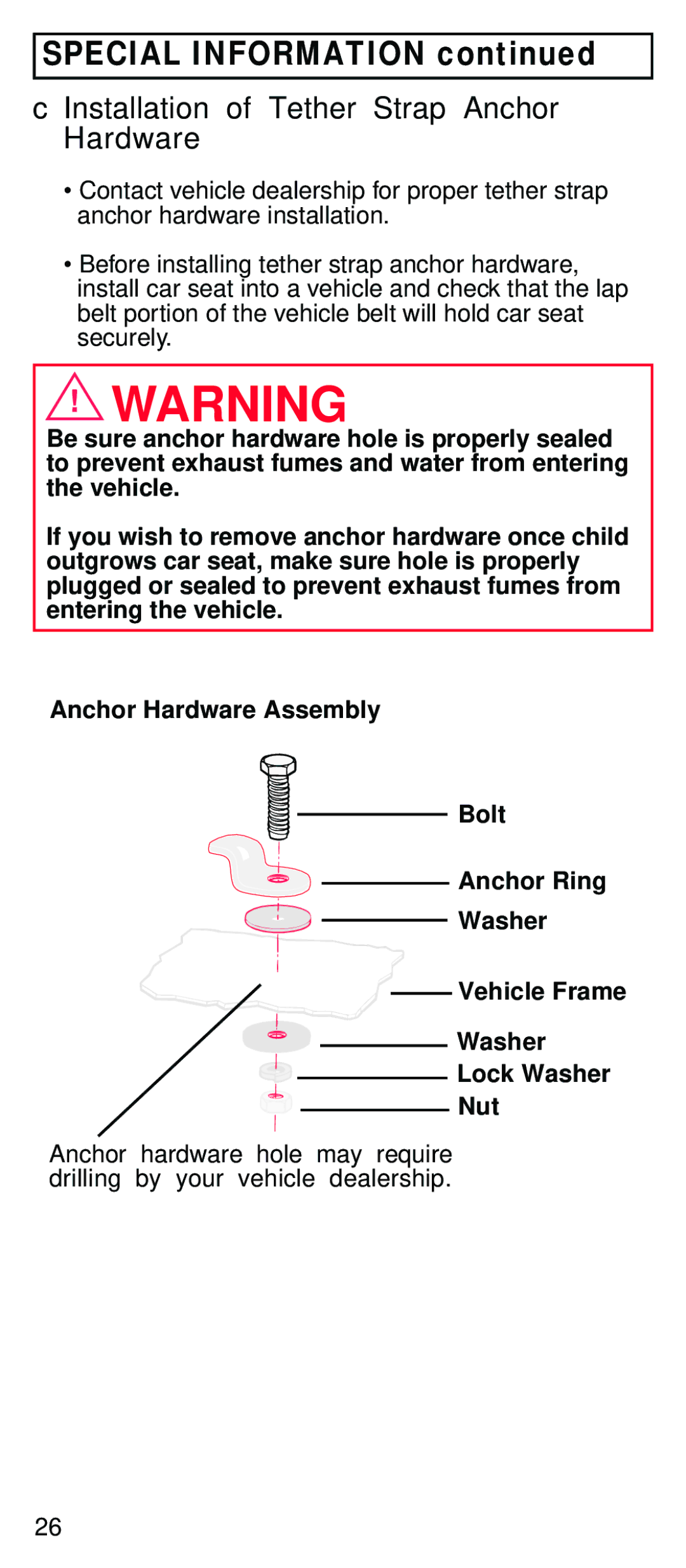 Century STE instruction manual Installation of Tether Strap Anchor Hardware 