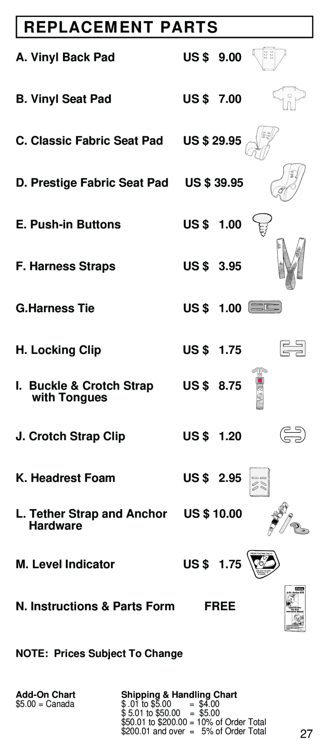 Century STE instruction manual Replacement Parts, Free 