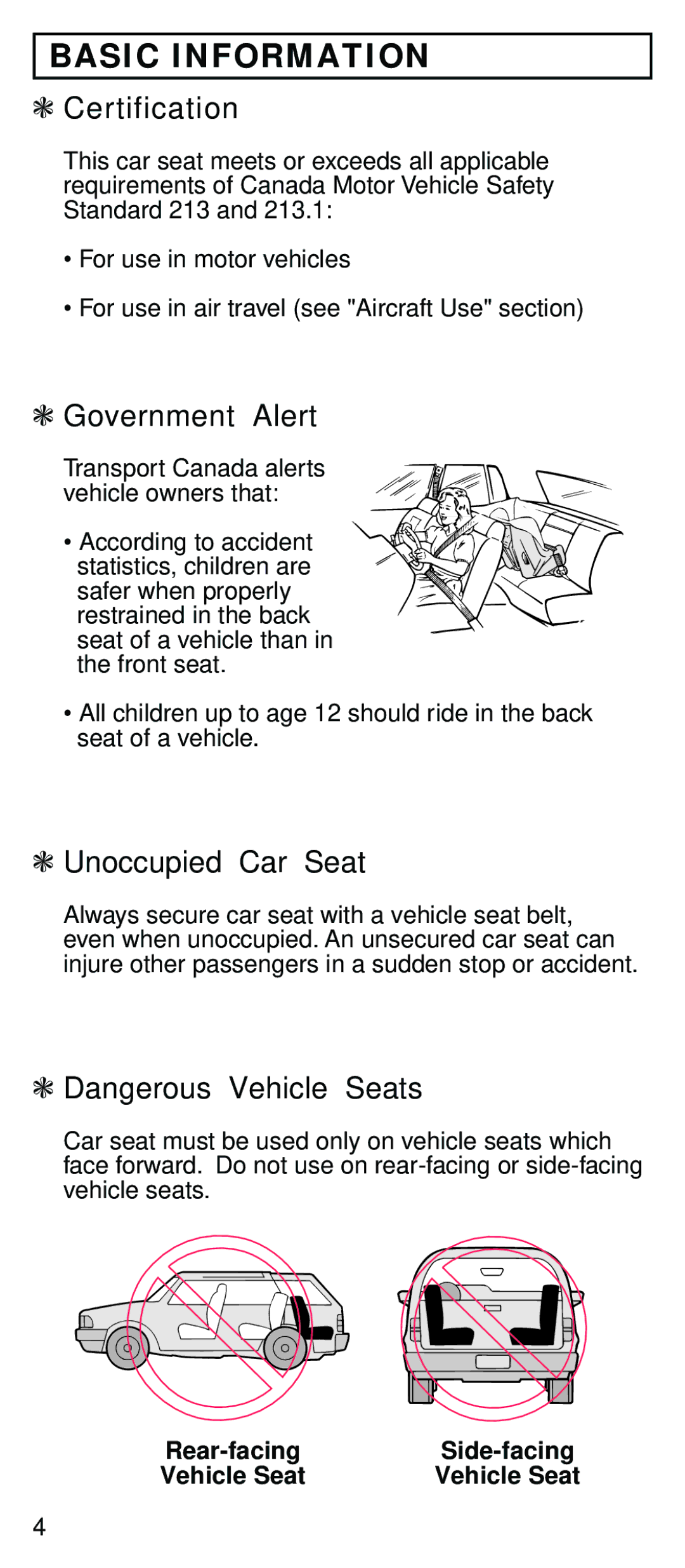 Century STE instruction manual Basic Information, Certification, Government Alert, Unoccupied Car Seat 