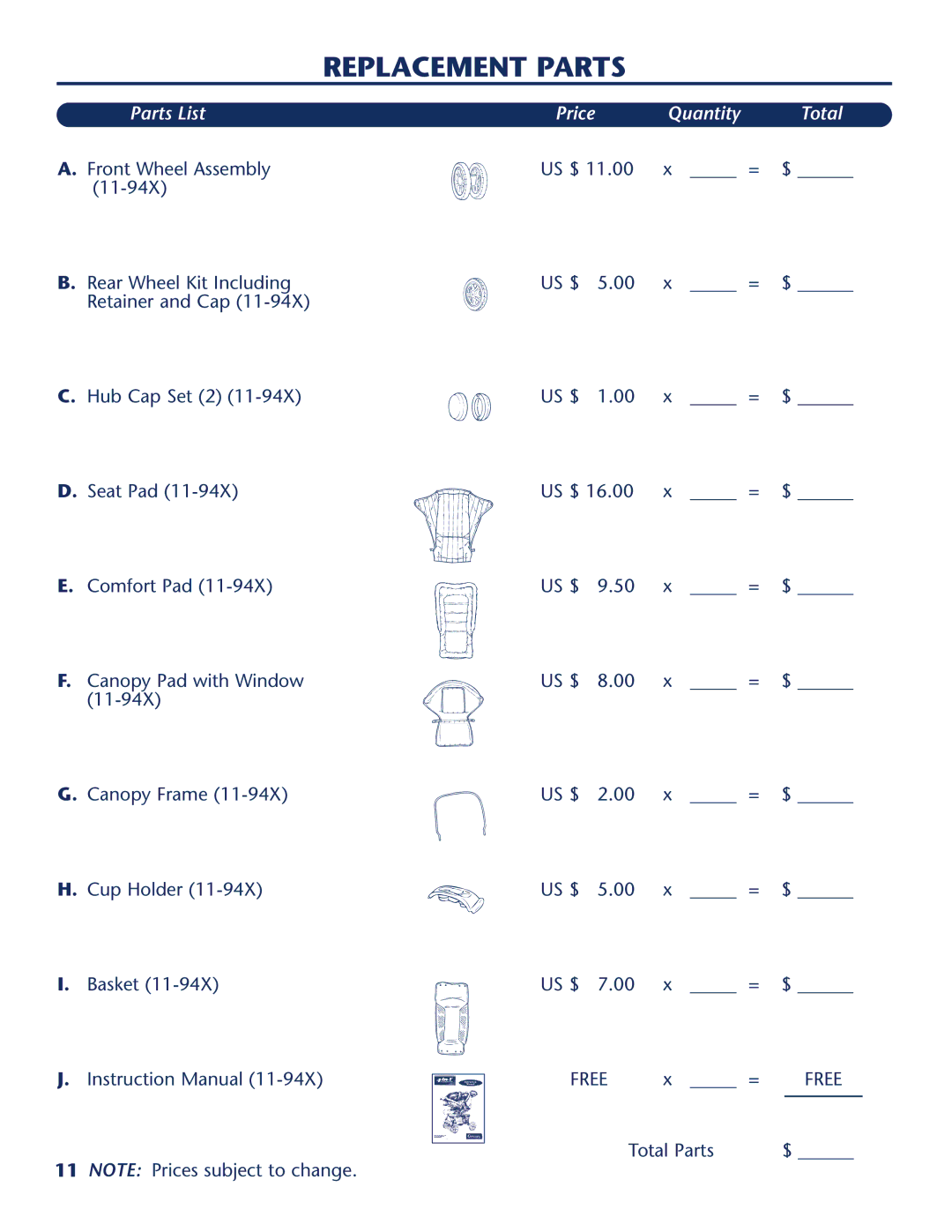 Century Travel SolutionsTM Plus manual Replacement Parts, Parts List, Price Quantity Total 