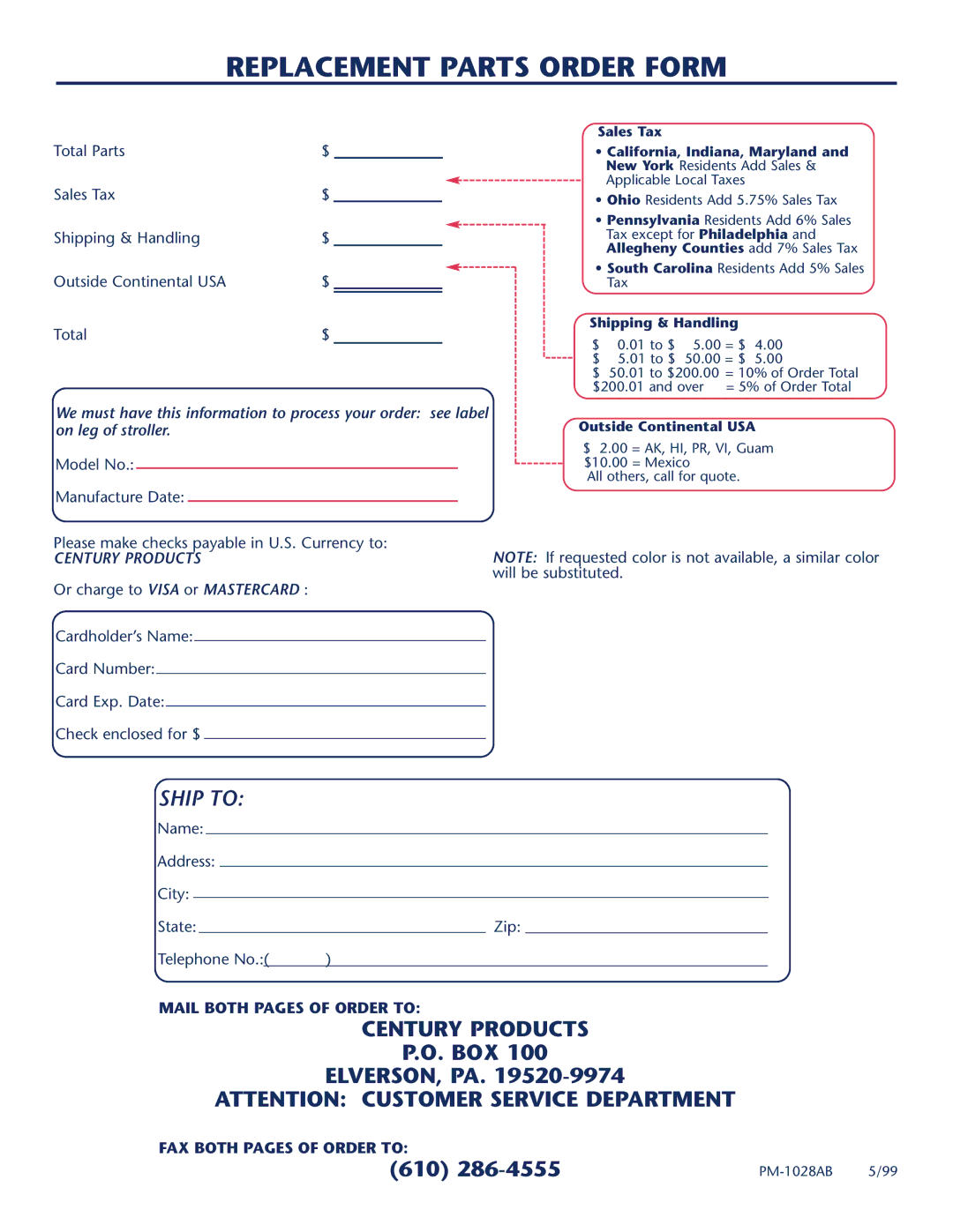 Century Travel SolutionsTM Plus manual Replacement Parts Order Form, Outside Continental USA 