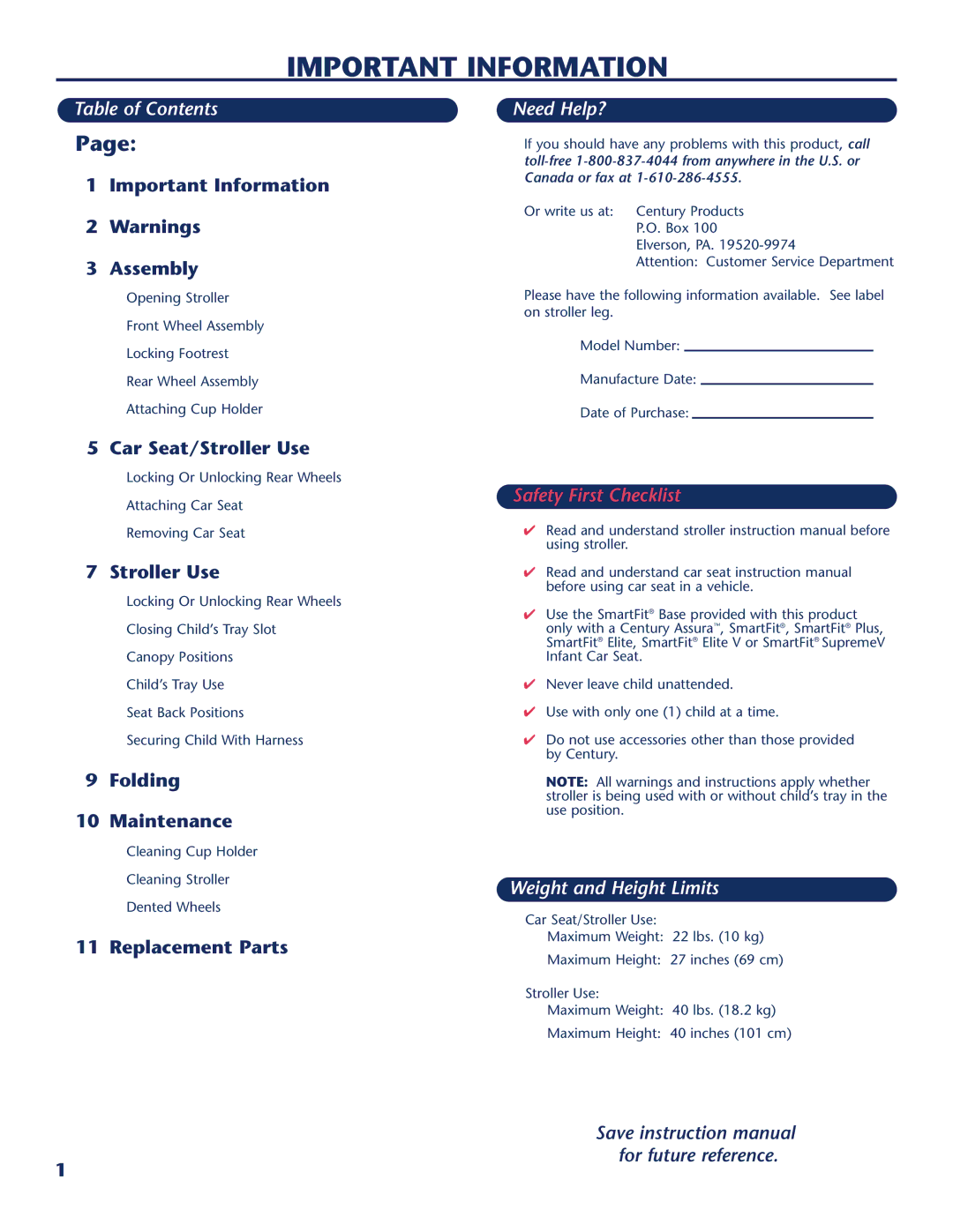 Century Travel SolutionsTM Plus manual Important Information, Table of Contents, Need Help?, Weight and Height Limits 