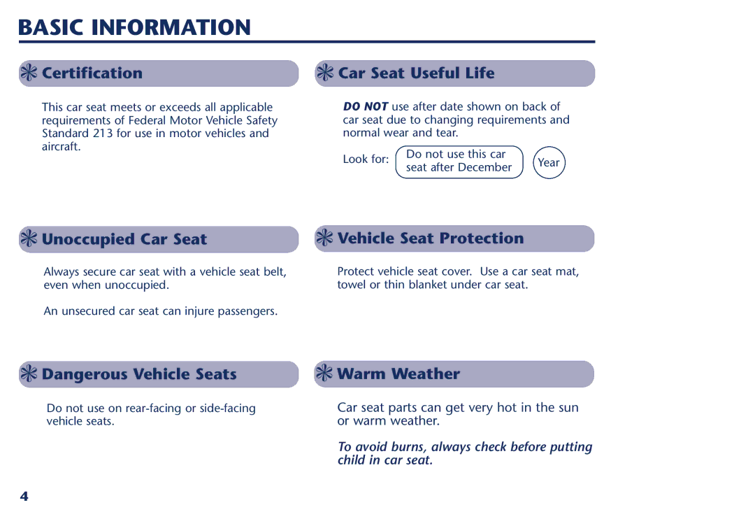 Century Travel SolutionsTM Plus manual Basic Information, Certification, Car Seat Useful Life, Warm Weather 