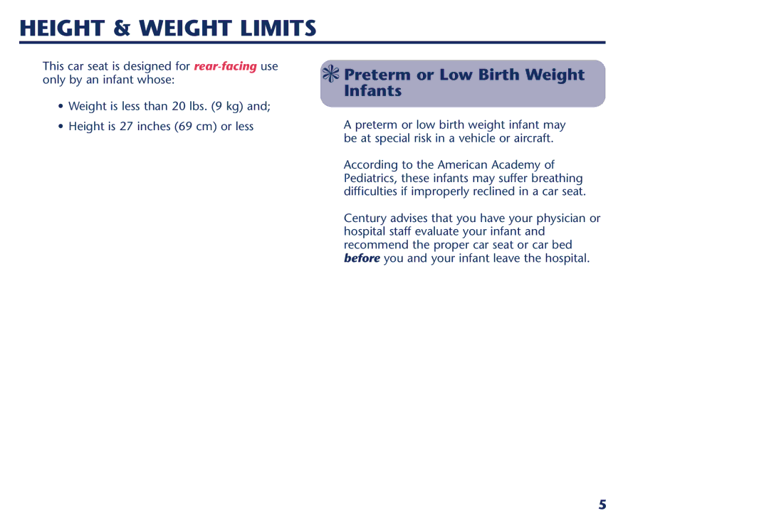 Century Travel SolutionsTM Plus manual Height & Weight Limits, Preterm or Low Birth Weight Infants 