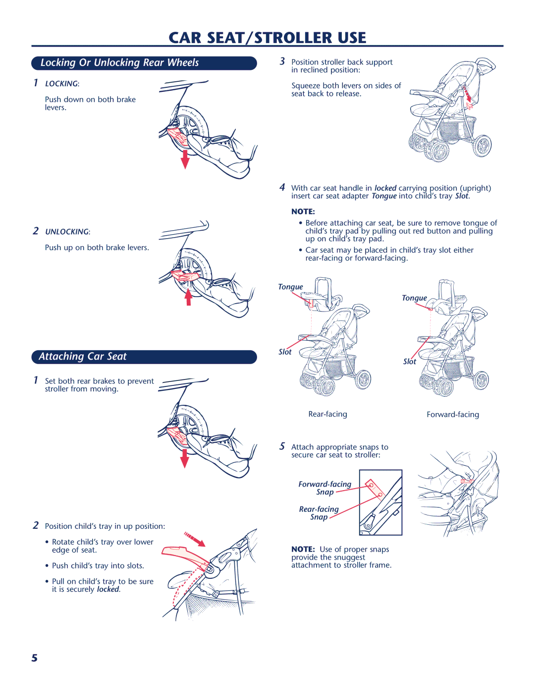 Century Travel SolutionsTM Plus manual Car Seat/Stroller Use, Locking Or Unlocking Rear Wheels, Attaching Car Seat 