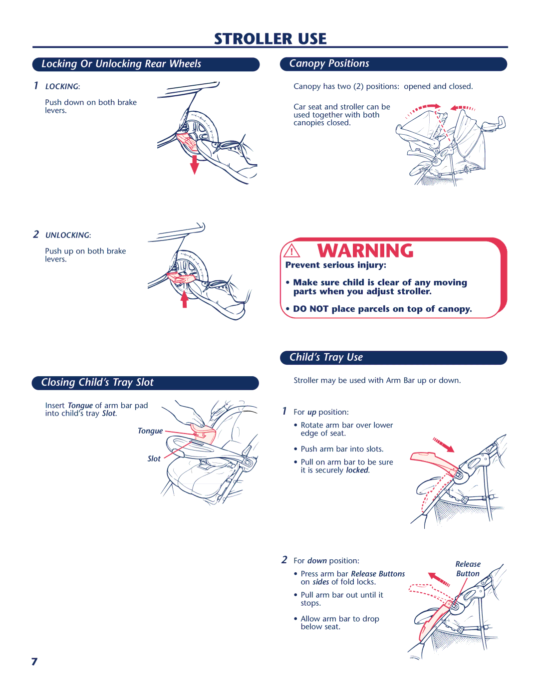 Century Travel SolutionsTM Plus manual Stroller USE, Canopy Positions, Closing Child’s Tray Slot, Child’s Tray Use 