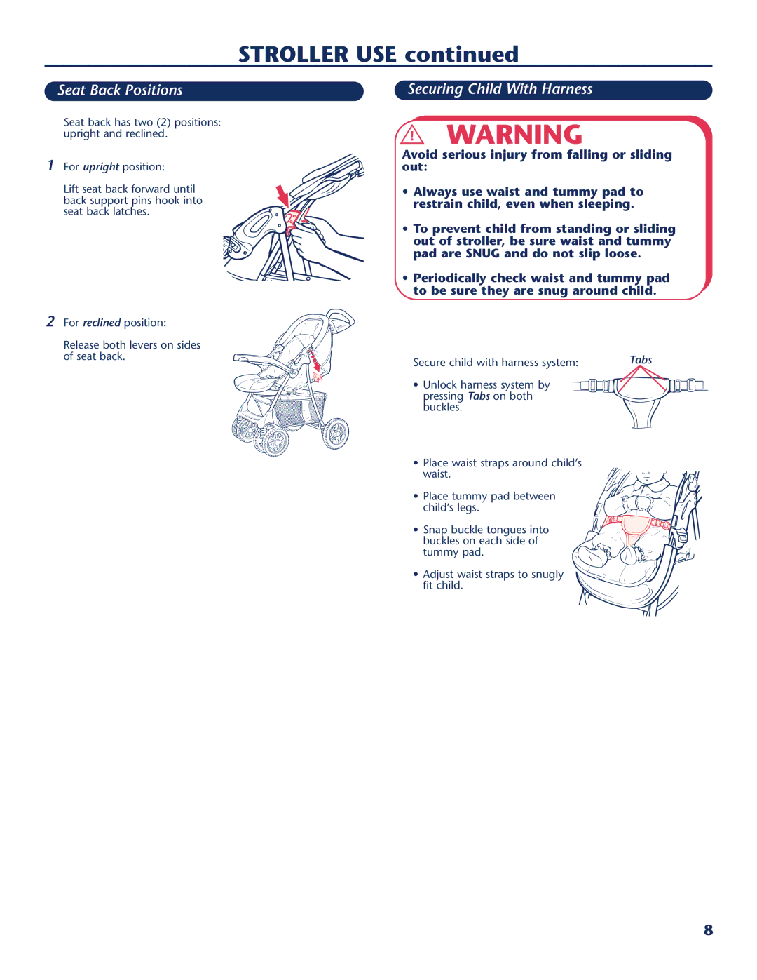 Century Travel SolutionsTM Plus manual Seat Back Positions, Securing Child With Harness, Secure child with harness system 