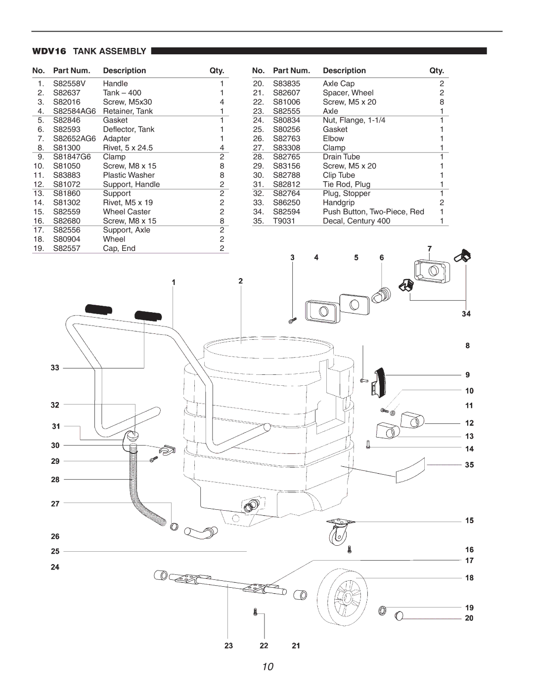 Century WDV10 operating instructions WDV16 Tank Assembly 