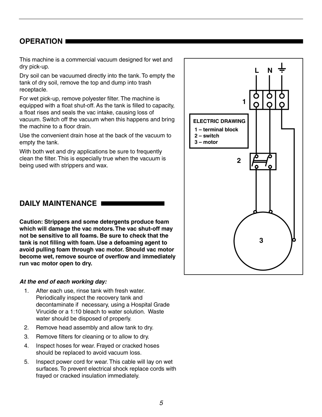 Century WDV16, WDV10 operating instructions Operation, Daily Maintenance, Electric Drawing 