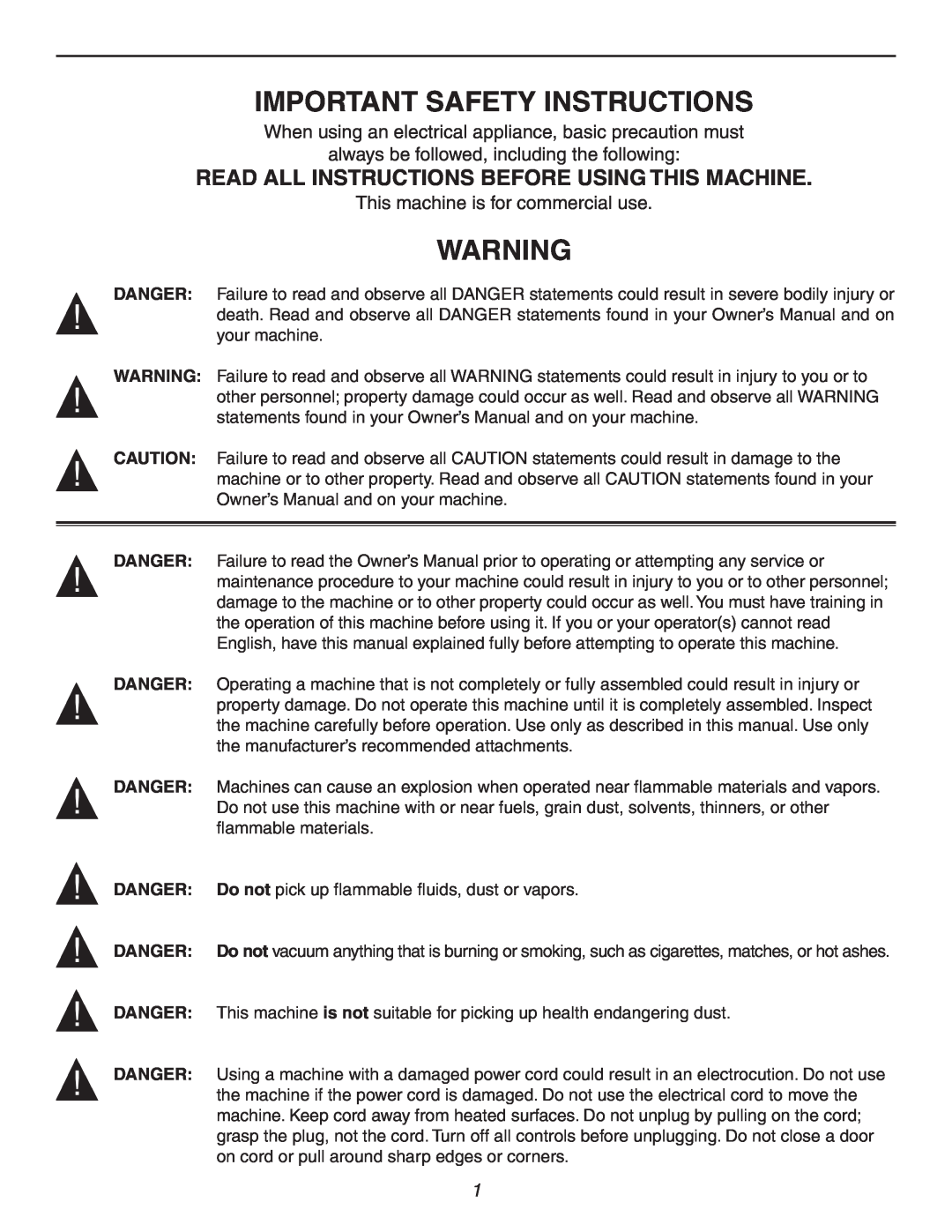 Century WDV16, WDV10 operating instructions Important Safety Instructions, Read All Instructions Before Using This Machine 