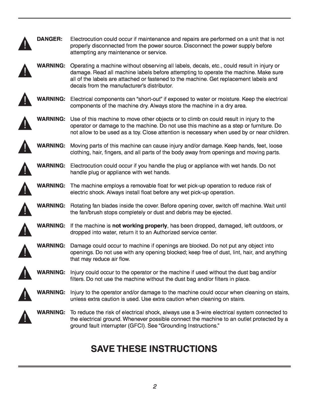 Century WDV10, WDV16 operating instructions Save These Instructions 