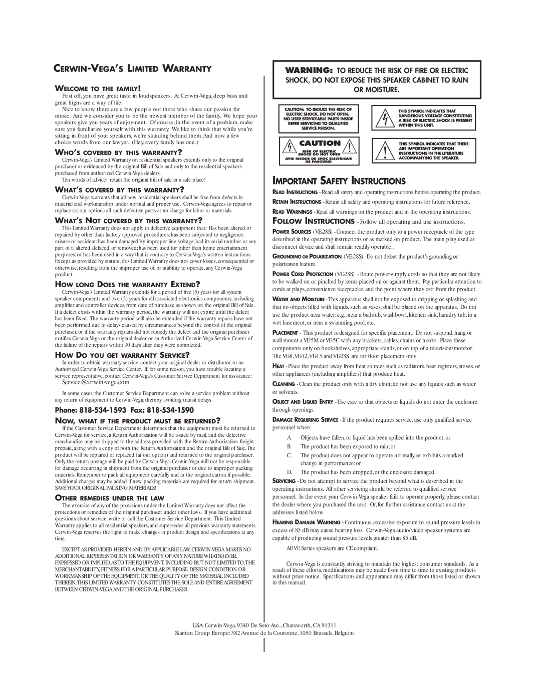 Cerwin-Vega HED-8, VE-285, V-5C, V-5M CERWIN-VEGA’S Limited Warranty, Important Safety Instructions, Phone 818-534-1593 Fax 