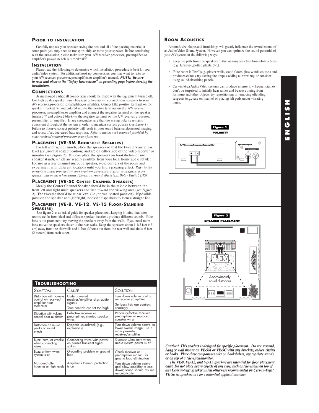 Cerwin-Vega V-5C, 15, VE-285, HED-8, V-5M, VE-8F, CVT-12 Prior to Installation, Connections, Troubleshooting, Room Acoustics 