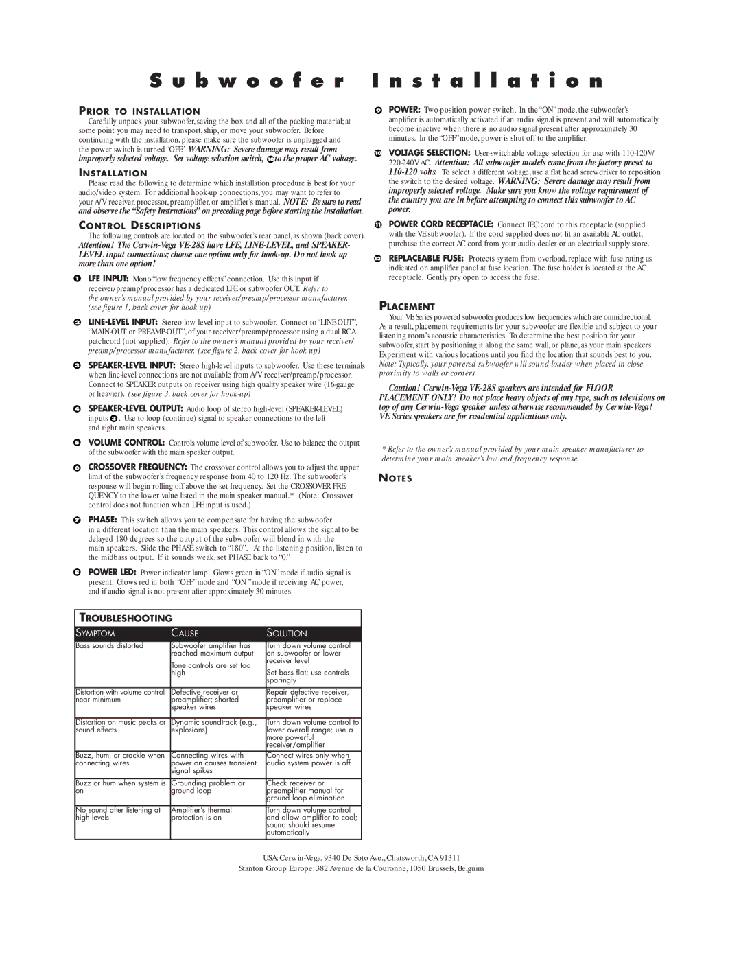 Cerwin-Vega V-5M, 15 B w o o f e r Installation, Placement, Troubleshooting, Control Descriptions, Symptom Cause Solution 