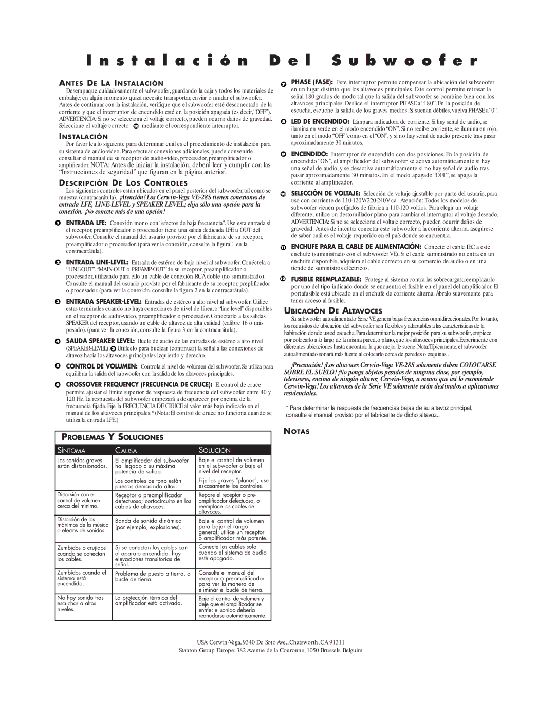 Cerwin-Vega VE-285 S t a l a c i ó n D e l S u b w o o f e r, Problemas Y Soluciones, Descripción DE LOS Controles, Notas 