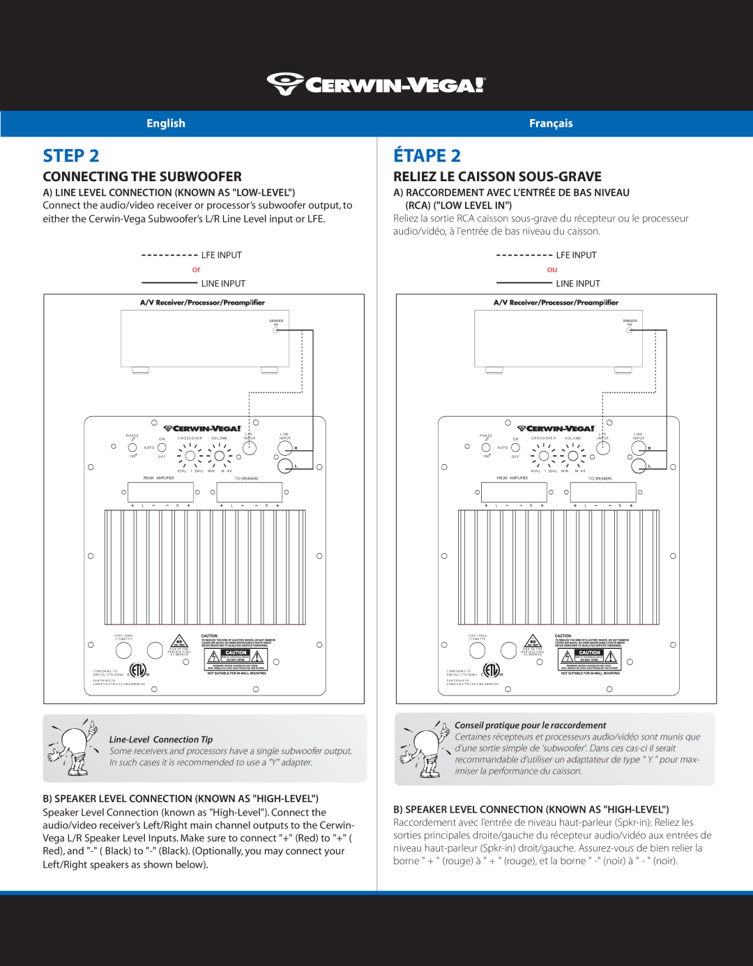 Cerwin-Vega CMX10s Connecting the Subwoofer, Reliez LE Caisson SOUS-GRAVE, Line Level Connection Known AS LOW-LEVEL 
