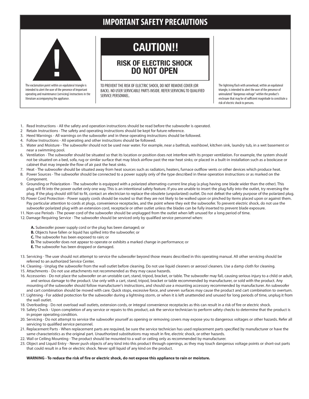 Cerwin-Vega CMX28, CMX5, CMX210, CMX212, CMX26, CMX-25C, CMX6, CMX45C owner manual Important Safety Precautions, Do not Open 