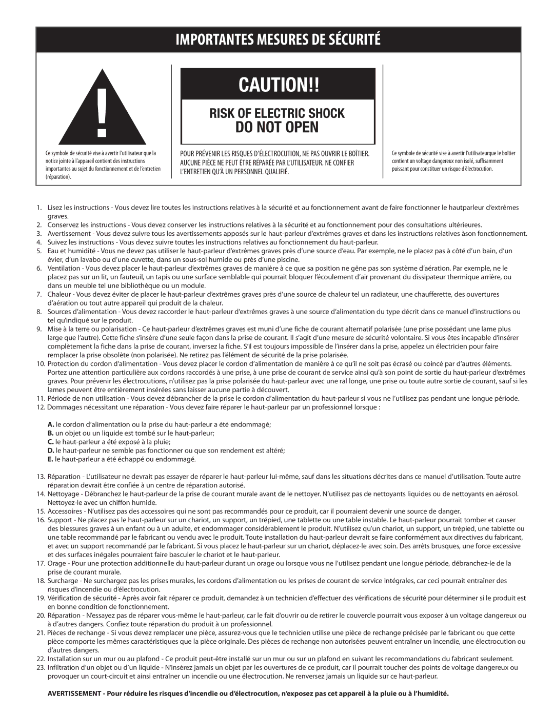 Cerwin-Vega CMX212, CMX5, CMX210, CMX28, CMX26, CMX-25C, CMX6, CMX45C owner manual Importantes Mesures DE Sécurité 