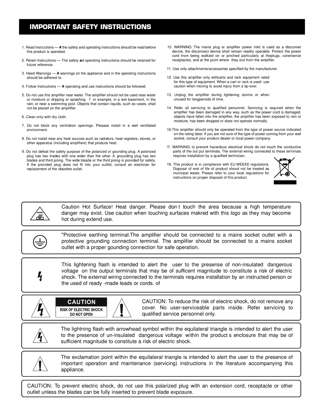 Cerwin-Vega CV-1800, CV-2800, CV-900 user manual Important Safety Instructions 