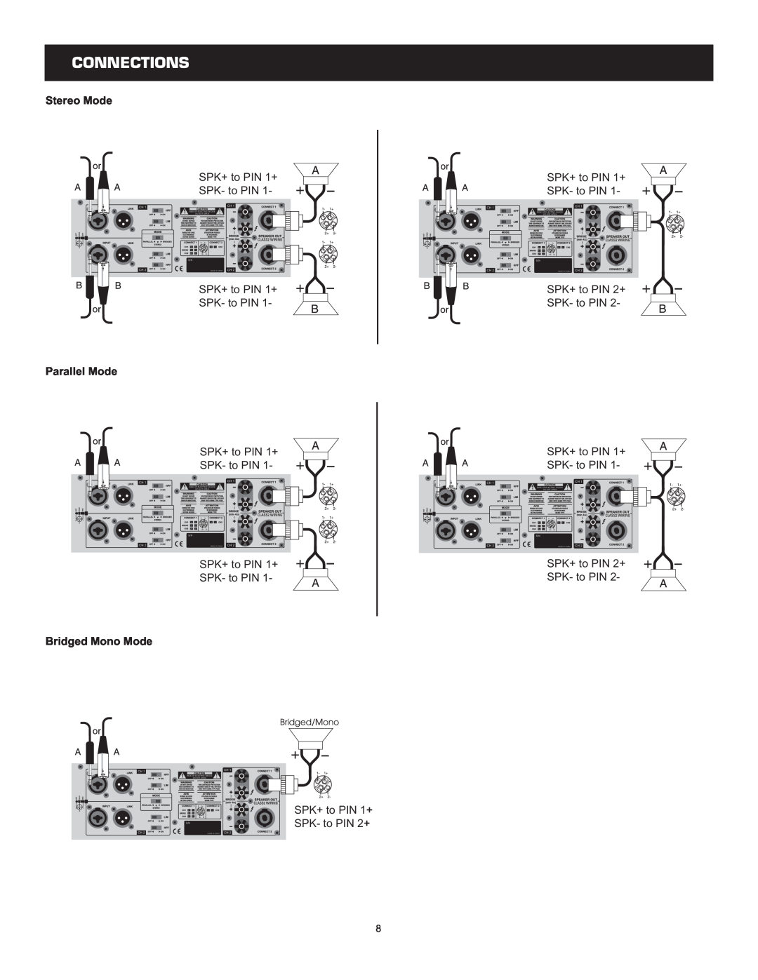 Cerwin-Vega CV-1800, CV-2800, CV-900 user manual Connections, Stereo Mode, Parallel Mode, Bridged Mono Mode 