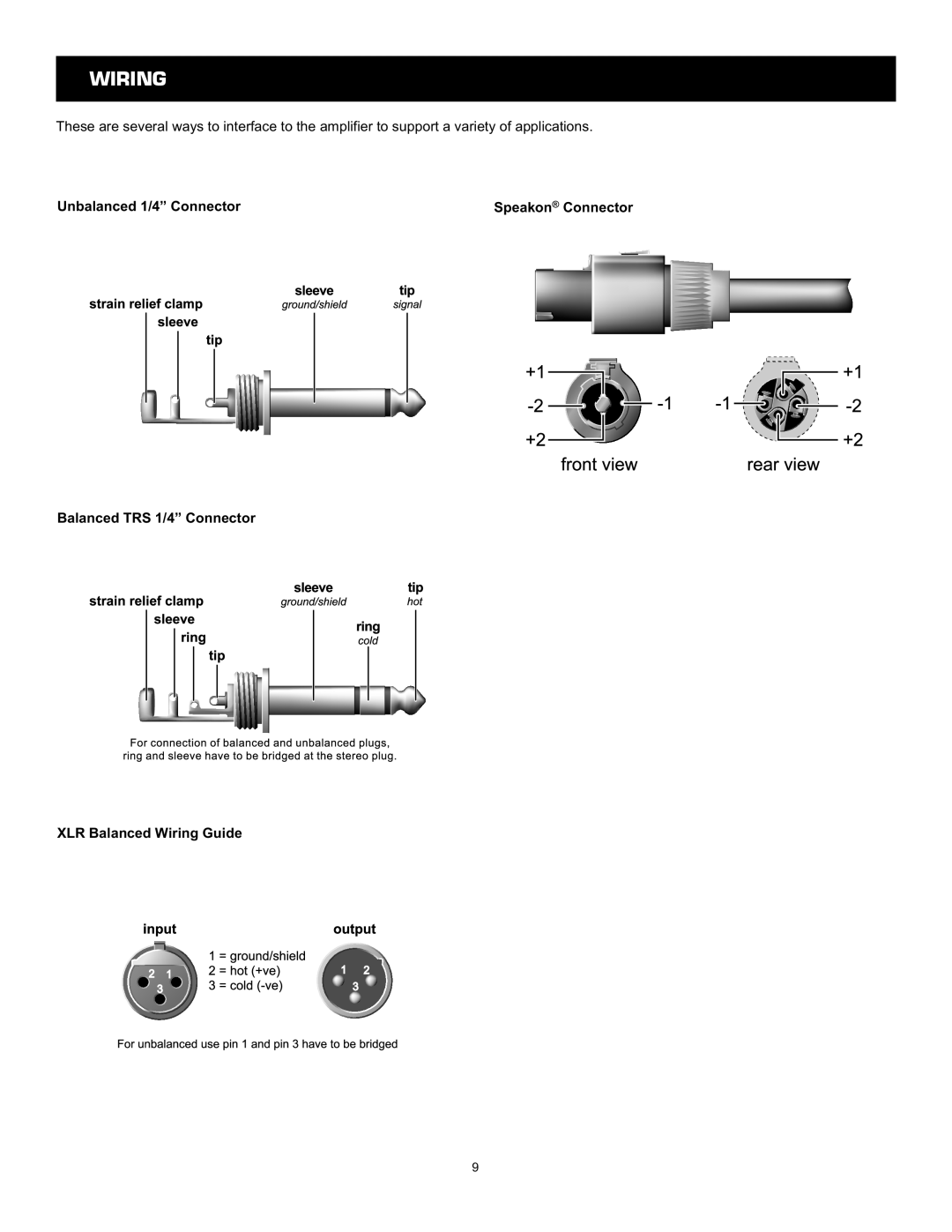 Cerwin-Vega CV-2800, CV-900, CV-1800 Wiring, Unbalanced 1/4” Connector, Speakon Connector, Balanced TRS 1/4” Connector 