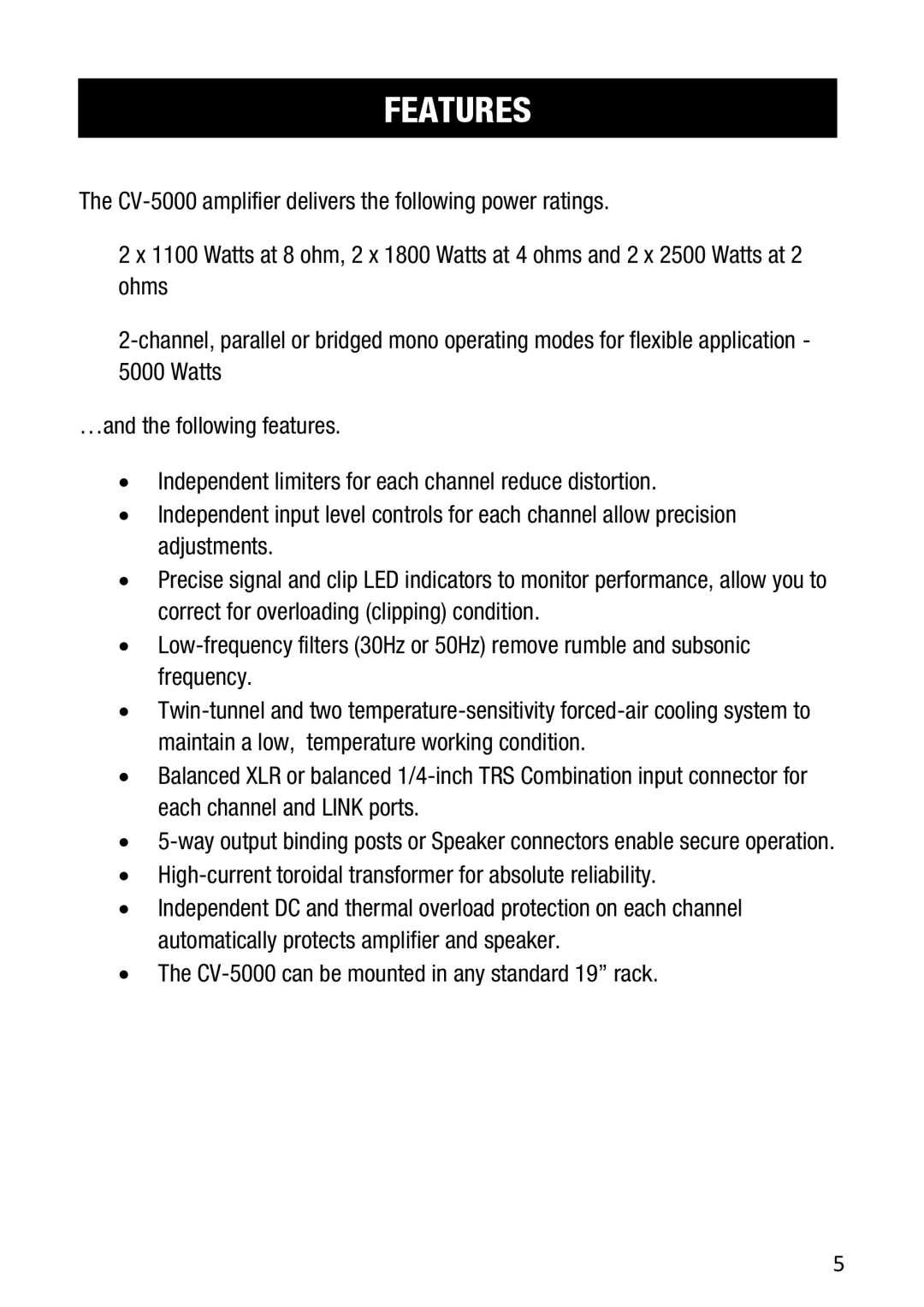 Cerwin-Vega CV-5000 user manual Features 