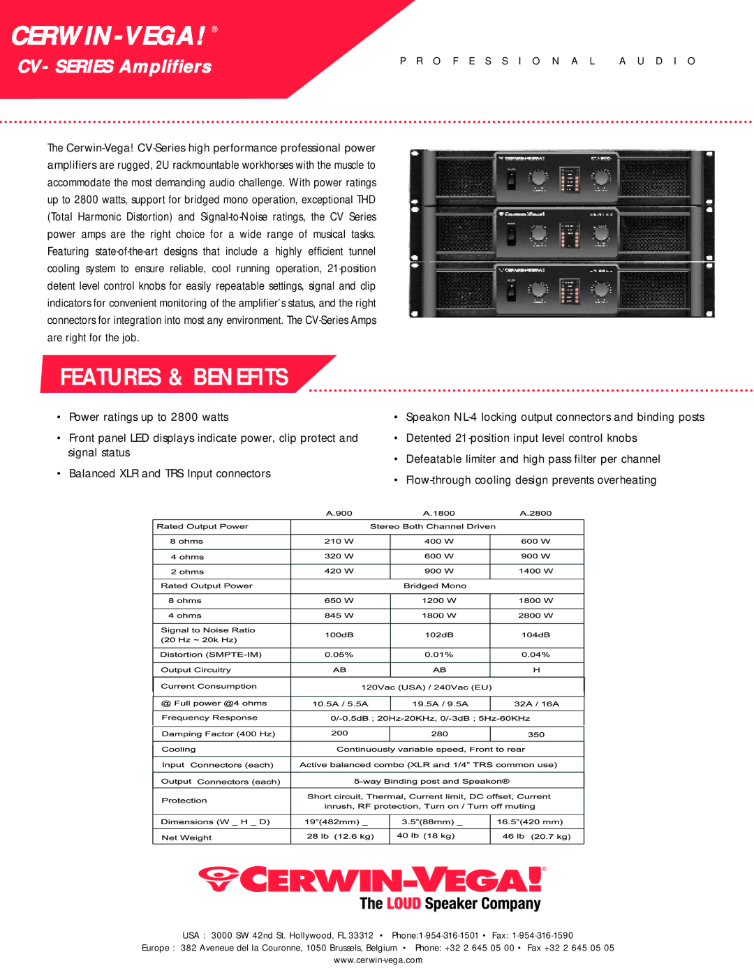 Cerwin-Vega CV-Series manual Cerwin-Vega, Features & Benefits, CV- Series Amplifiers, O F E S S I O N a L a U D I O 