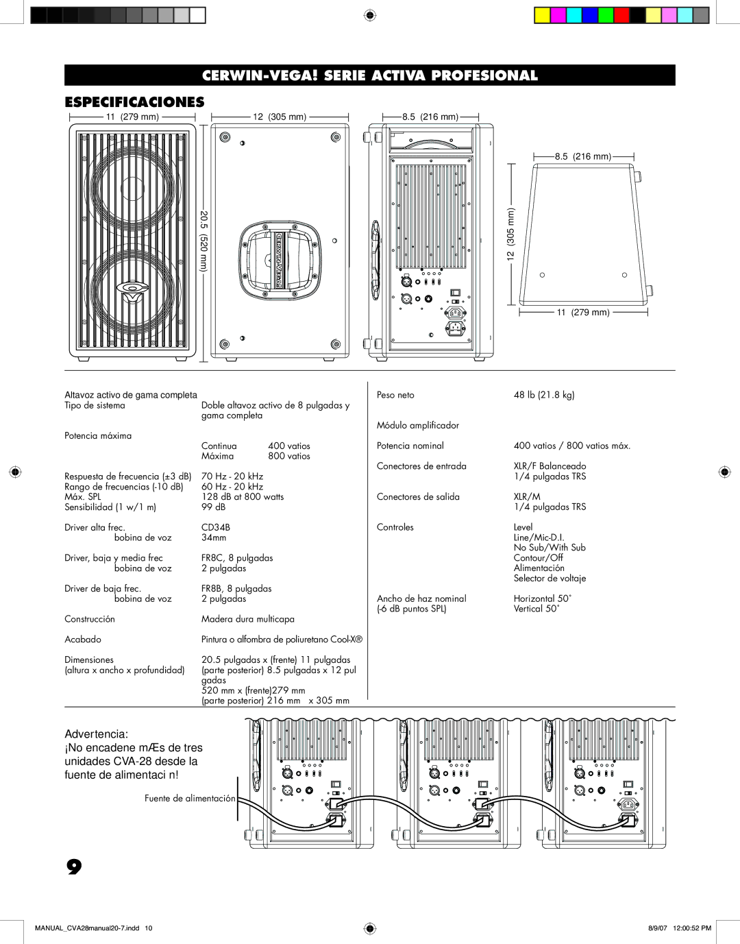 Cerwin-Vega CVA - 28 manual Especificaciones, Altavoz activo de gama completa 