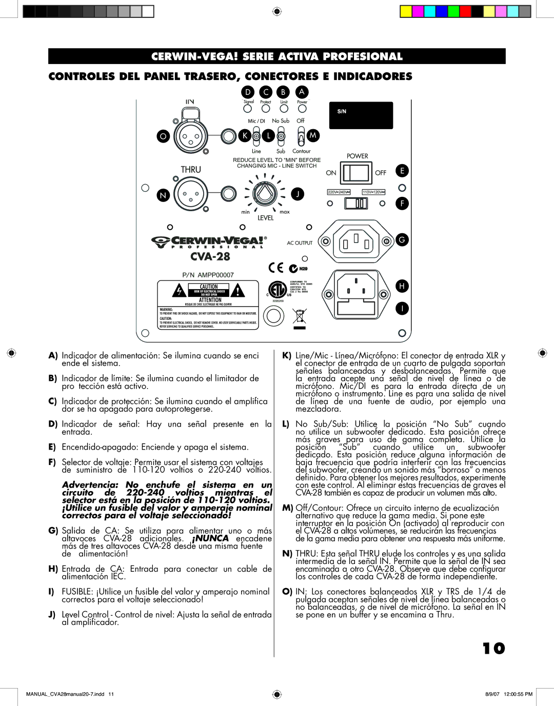 Cerwin-Vega CVA - 28 manual Controles DEL Panel TRASERO, Conectores E Indicadores 