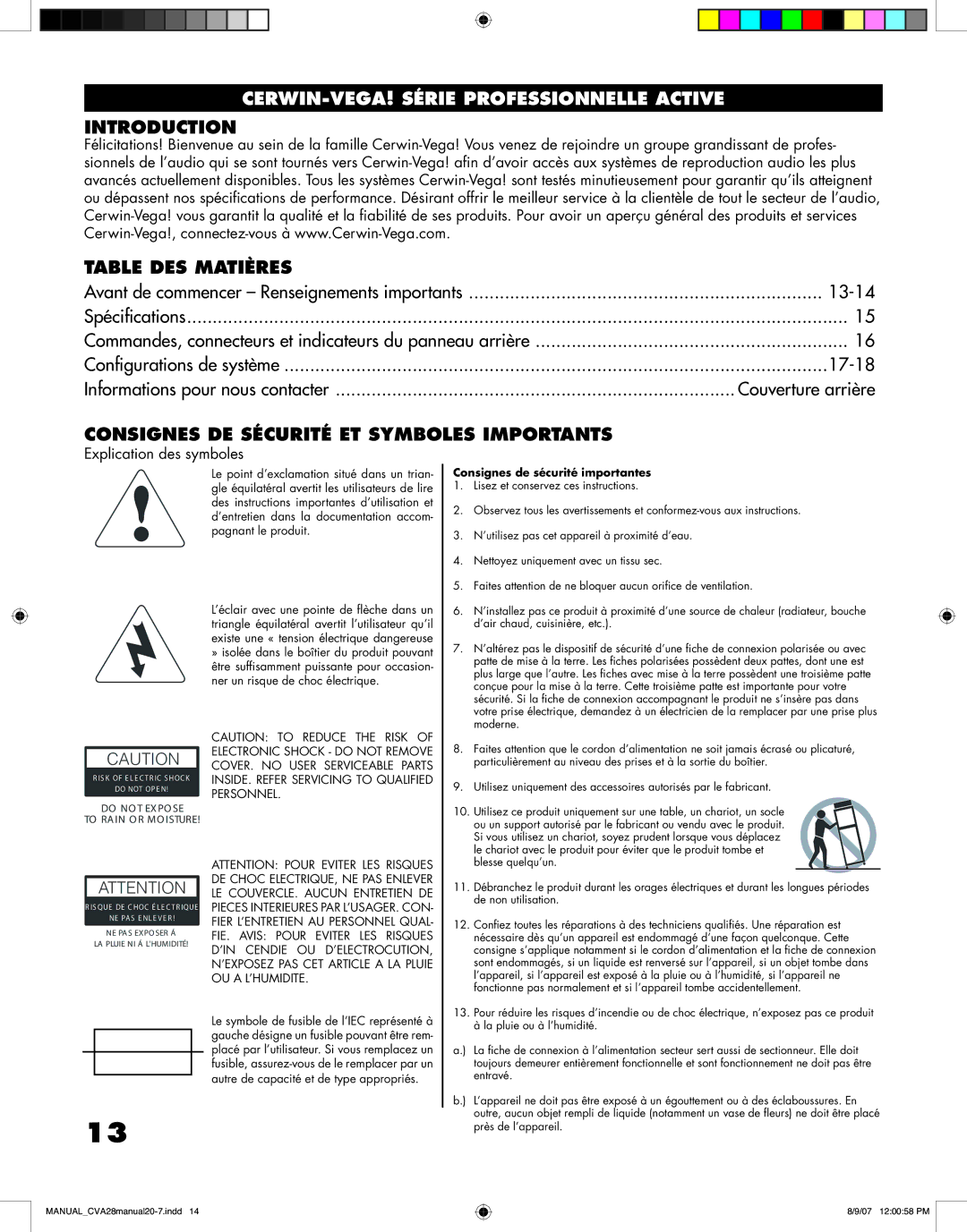 Cerwin-Vega CVA - 28 manual Introduction Table DES Matières, Consignes DE Sécurité ET Symboles Importants 