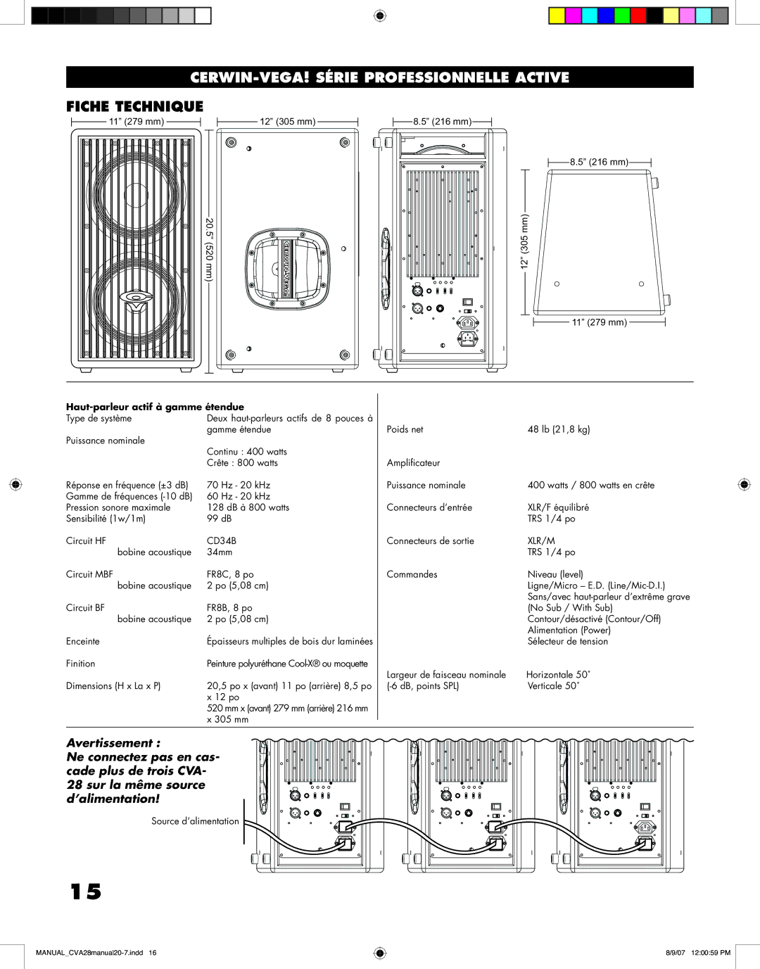 Cerwin-Vega CVA - 28 manual Fiche Technique, Haut-parleur actif à gamme étendue 