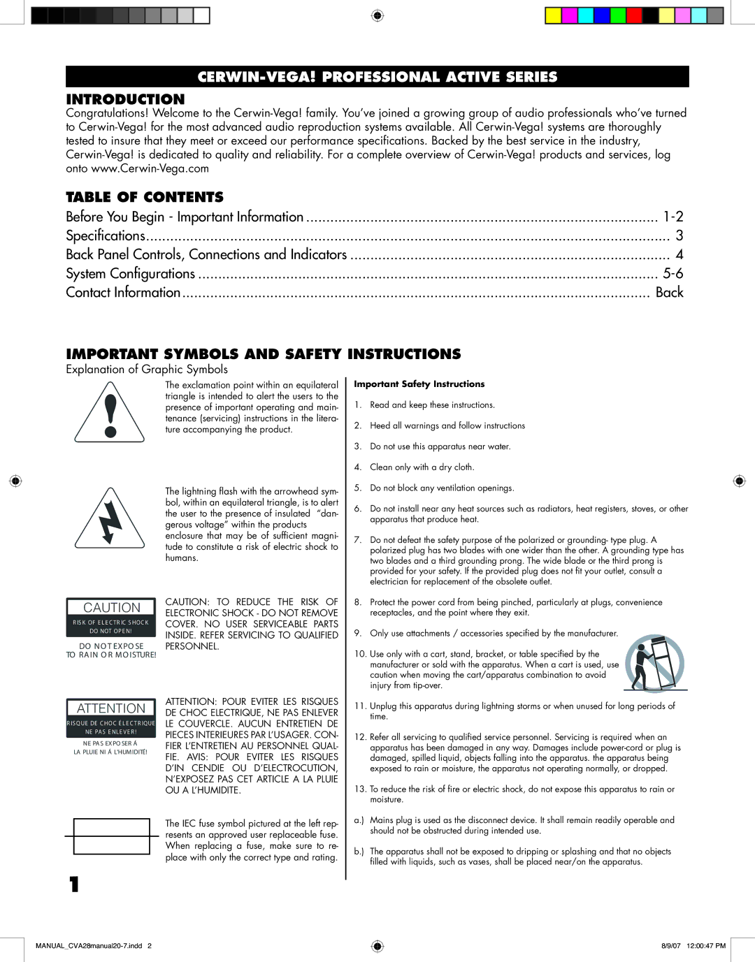 Cerwin-Vega CVA - 28 manual Introduction Table of Contents, Important Symbols and Safety Instructions 