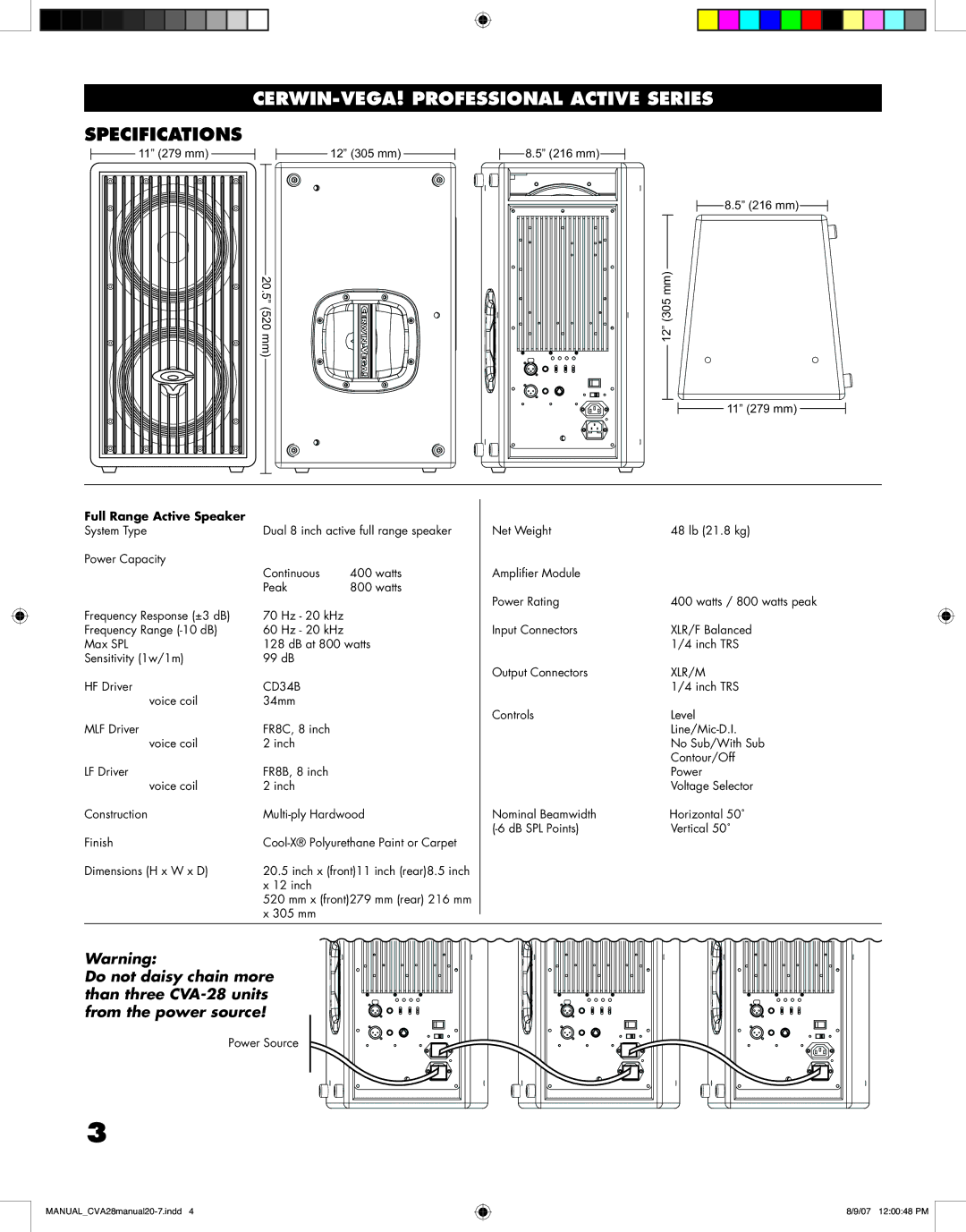 Cerwin-Vega CVA - 28 manual Specifications, Full Range Active Speaker 