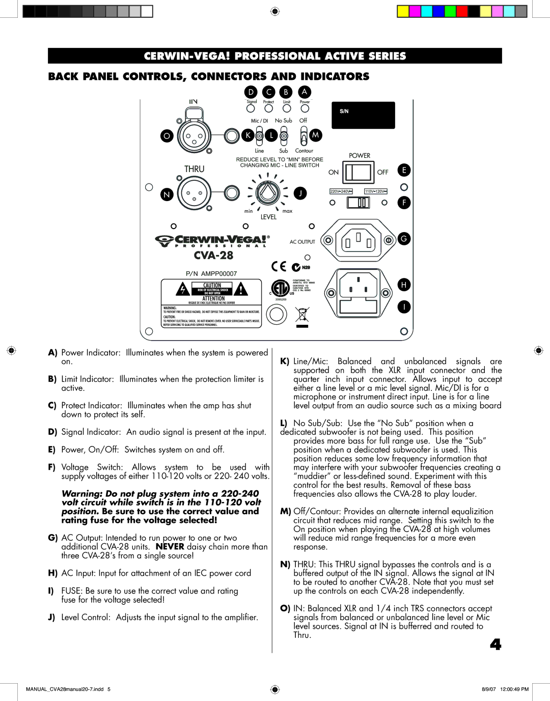 Cerwin-Vega CVA - 28 manual Back Panel CONTROLS, Connectors and Indicators 