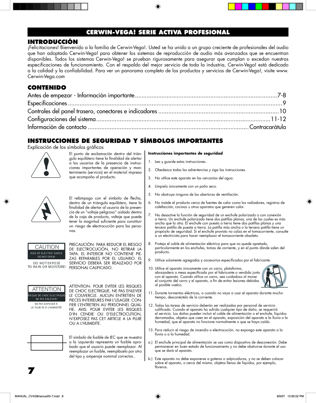 Cerwin-Vega CVA - 28 manual Introducción Contenido, Instrucciones DE Seguridad Y Símbolos Importantes 