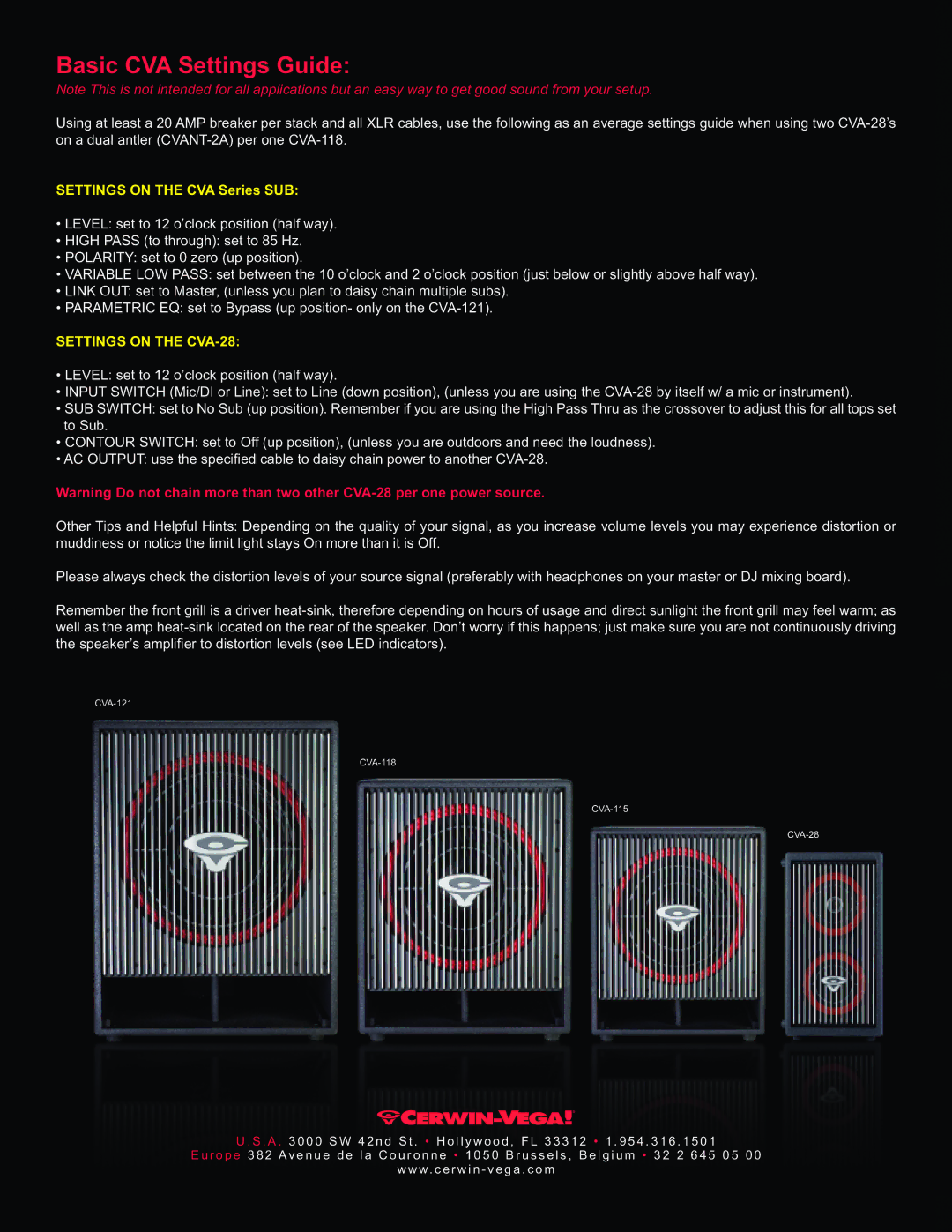 Cerwin-Vega CVA-115 user manual Basic CVA Settings Guide, Settings on the CVA Series SUB 