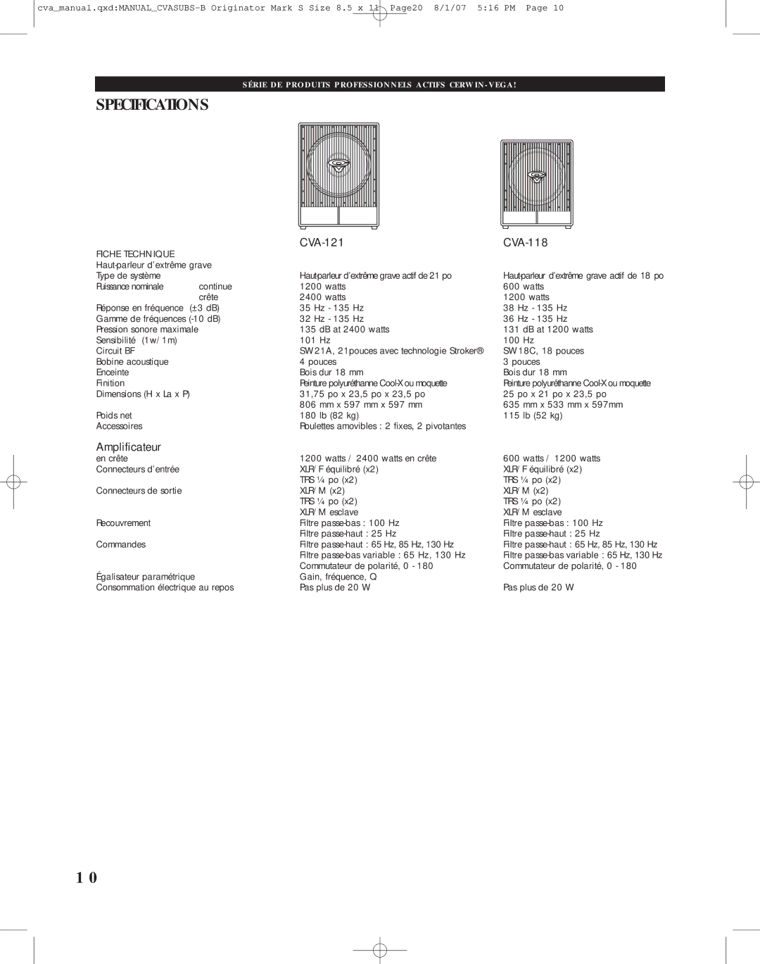 Cerwin-Vega manual CVA-121 CVA-118, Amplificateur 