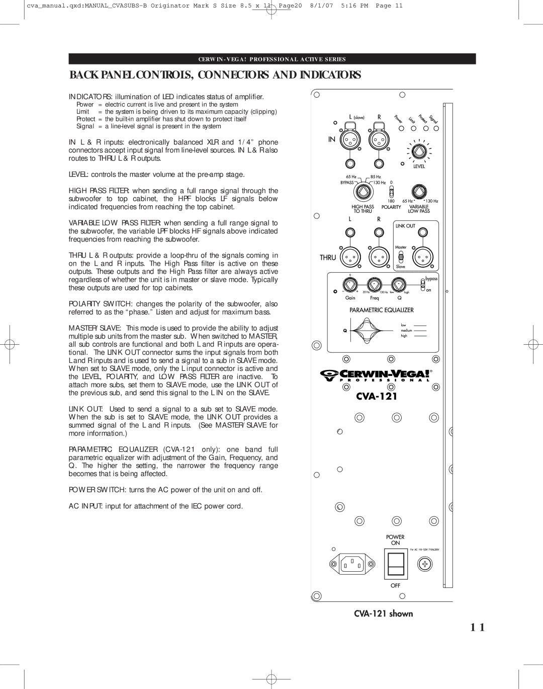 Cerwin-Vega CVA-121, CVA-118 manual Back Panel CONTROLS, Connectors and Indicators 