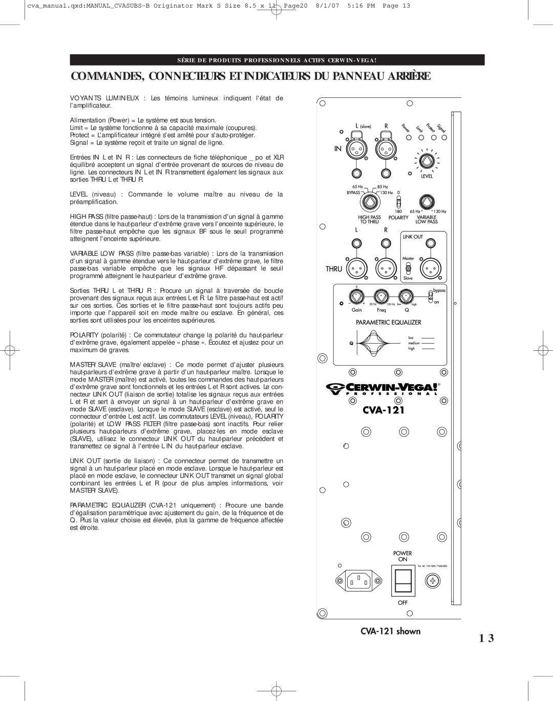 Cerwin-Vega CVA-121, CVA-118 manual COMMANDES, Connecteurs ET Indicateurs DU Panneau Arrière 