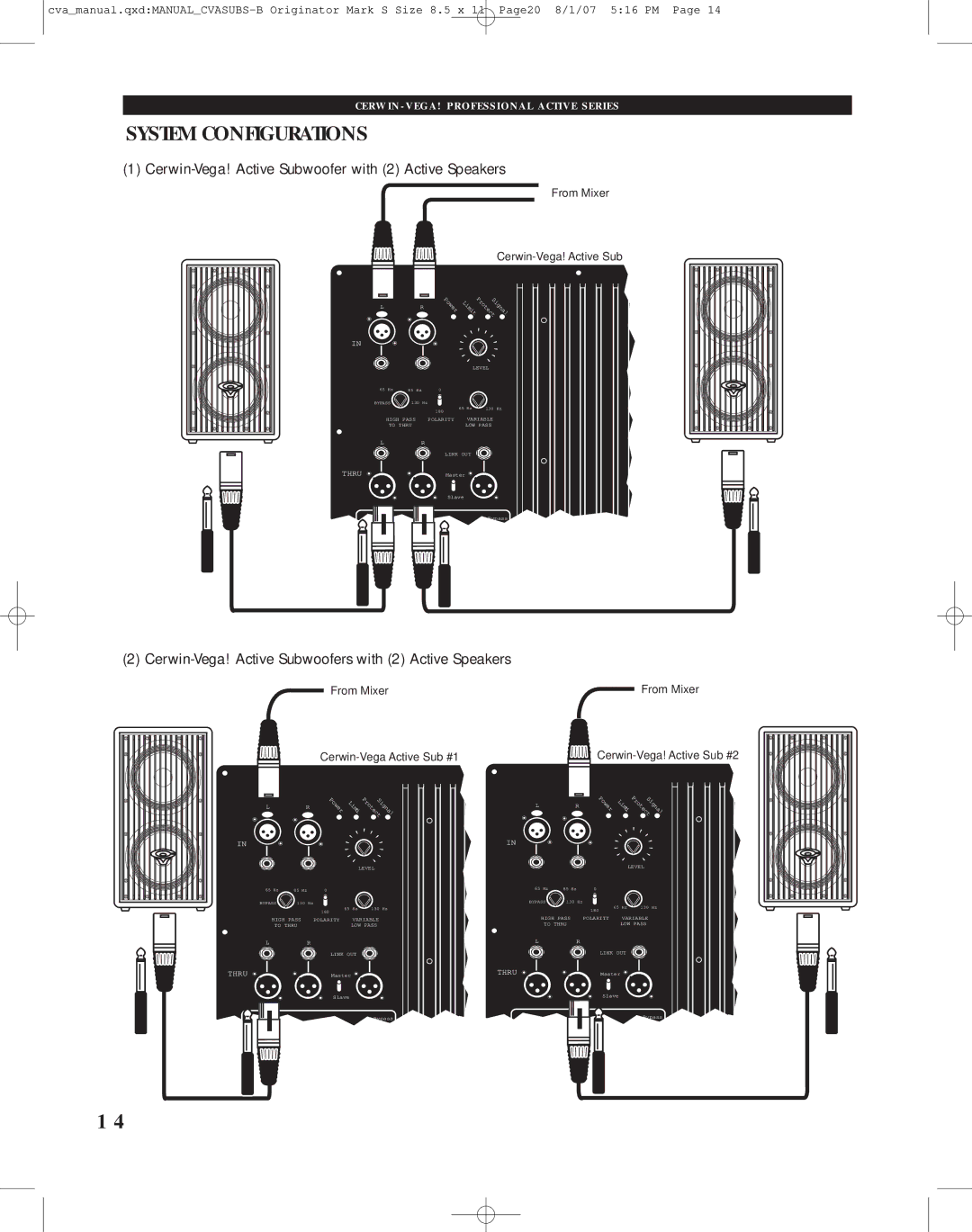 Cerwin-Vega CVA-118, CVA-121 manual System Configurations, Cerwin-Vega! Active Subwoofer with 2 Active Speakers 