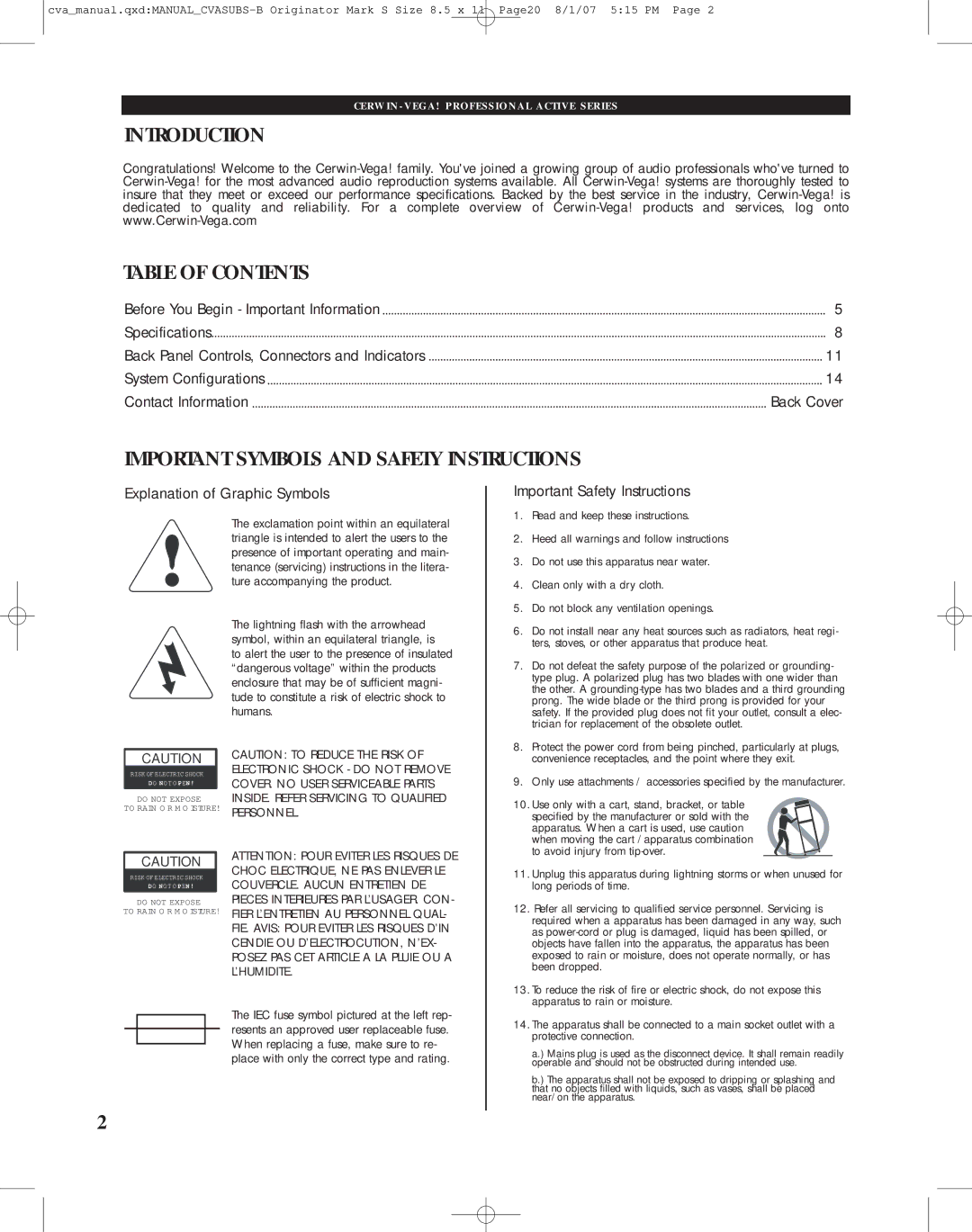 Cerwin-Vega CVA-118, CVA-121 manual Introduction Table of Contents, Important Symbols and Safety Instructions 