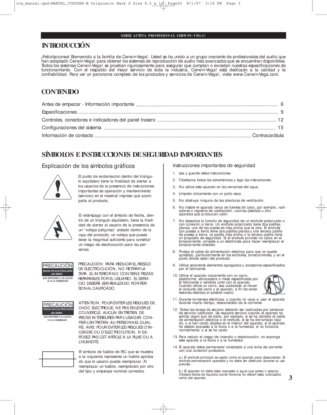 Cerwin-Vega CVA-121, CVA-118 manual Introducción Contenido, Símbolos E Instrucciones DE Seguridad Importantes 