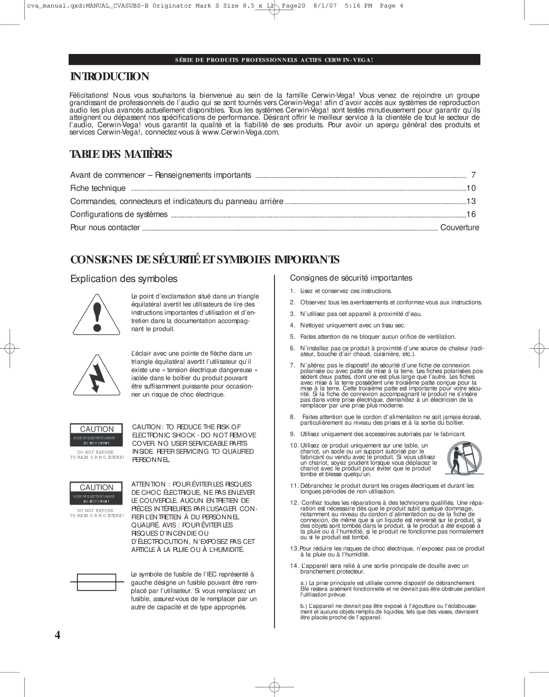 Cerwin-Vega CVA-118, CVA-121 manual Introduction Table DES Matières, Consignes DE Sécurité ET Symboles Importants 