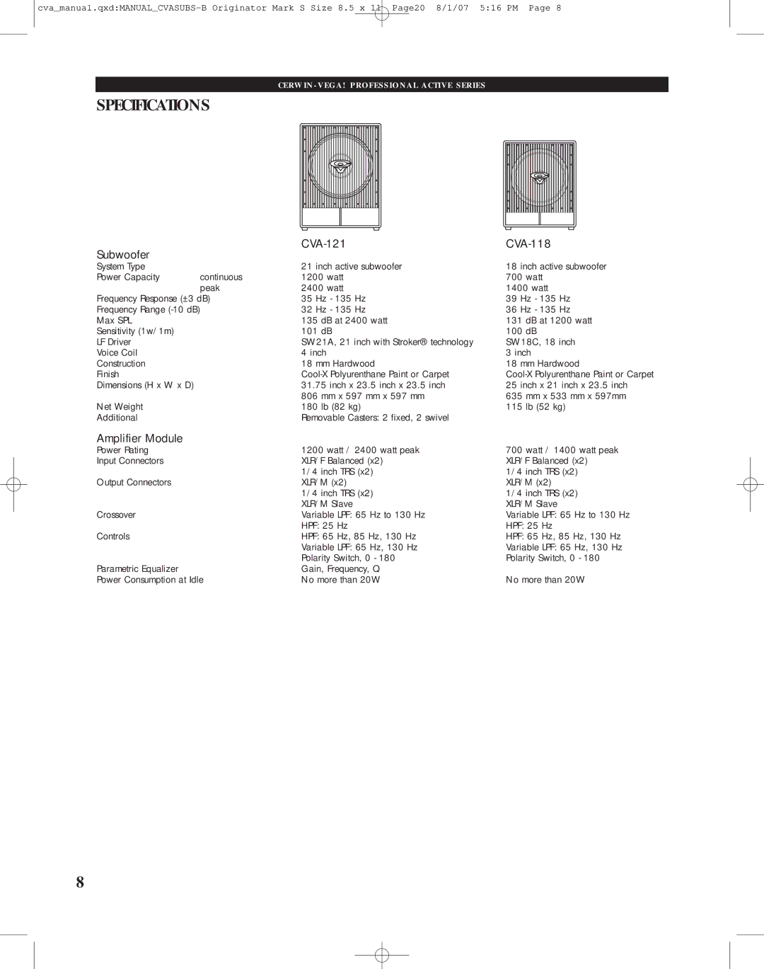 Cerwin-Vega manual Specifications, Subwoofer CVA-121 CVA-118, Amplifier Module 