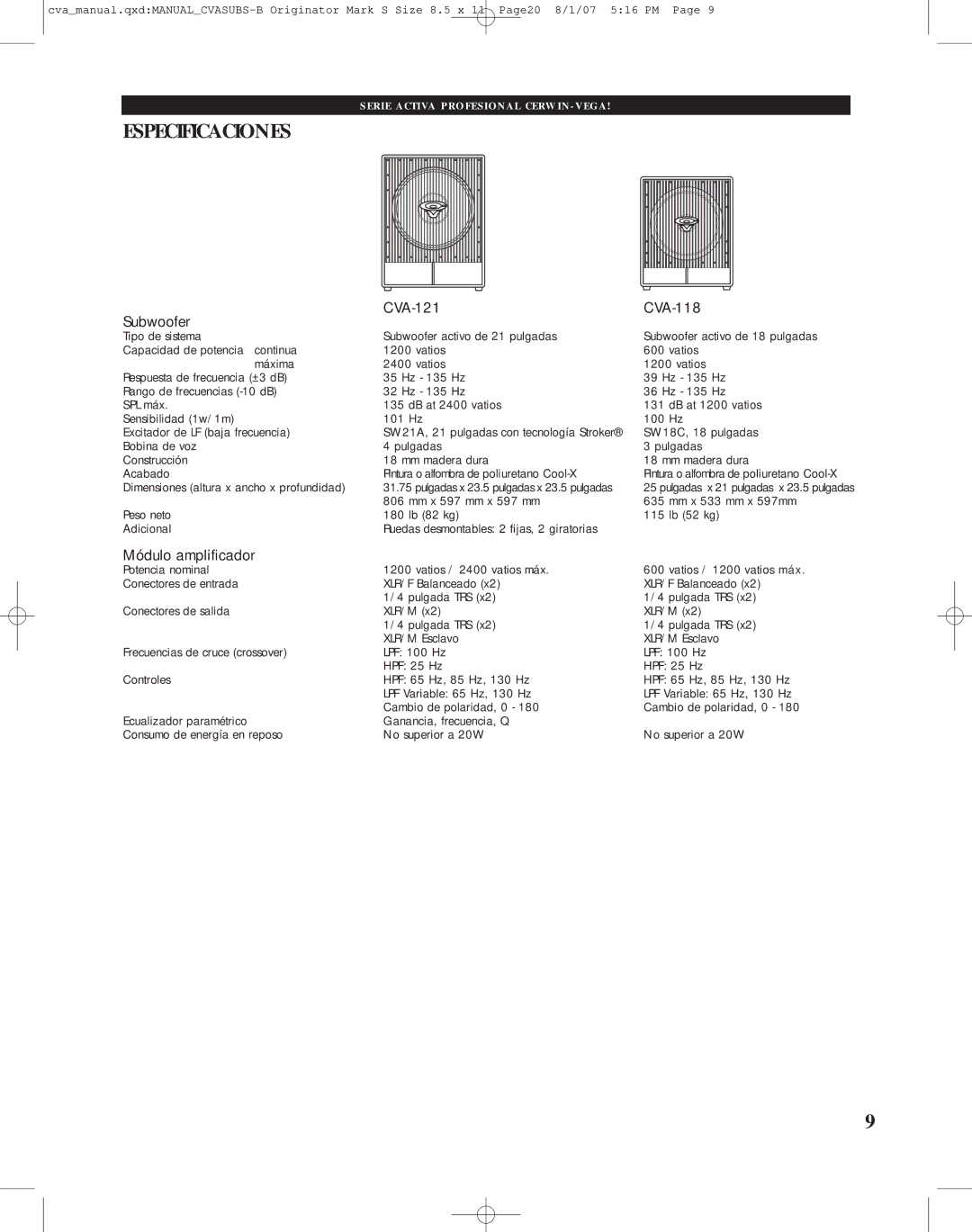 Cerwin-Vega CVA-121, CVA-118 manual Especificaciones, Módulo amplificador 