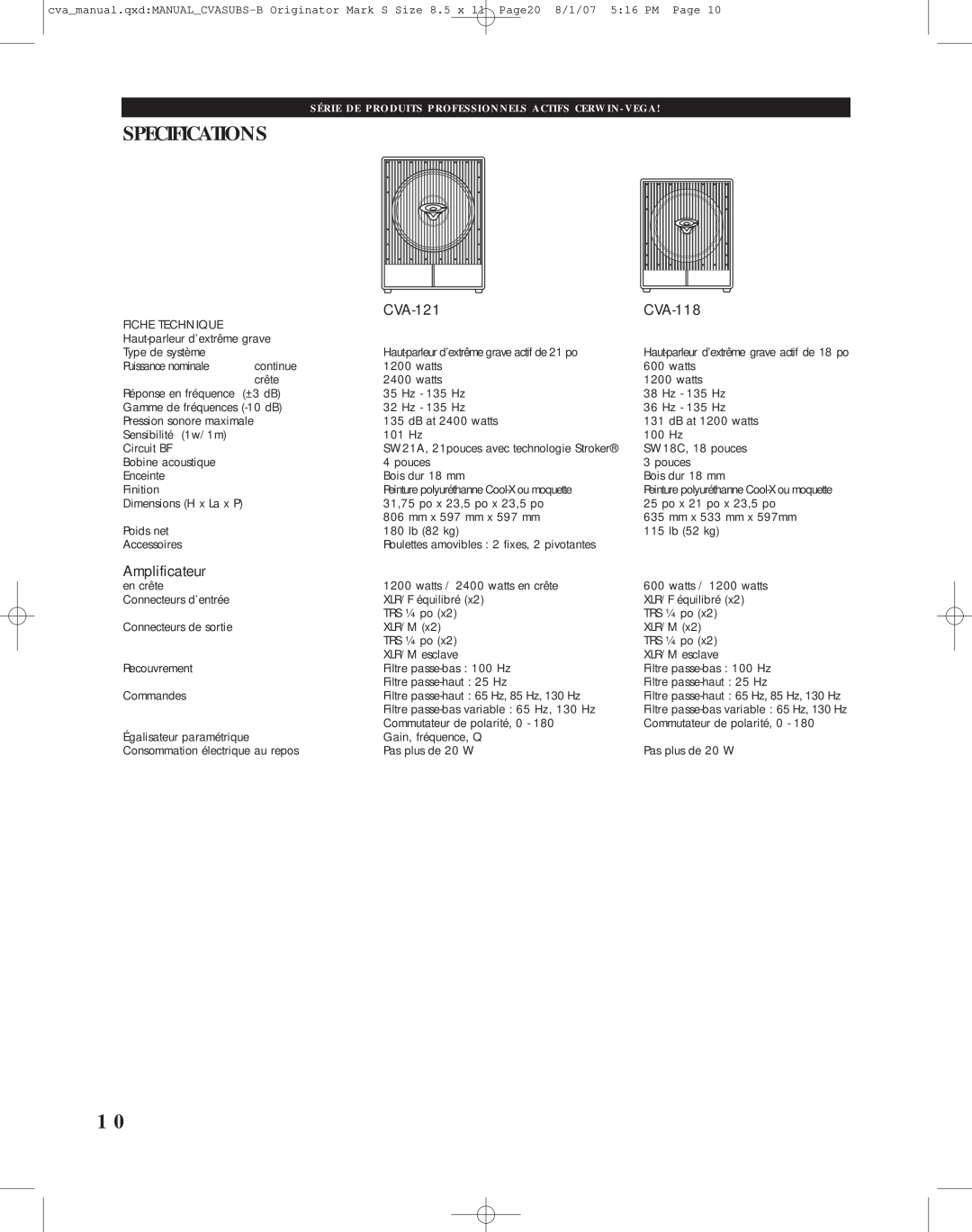 Cerwin-Vega CVA-118 manual Specifications, CVA-121, Amplificateur 